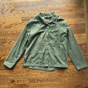 Basic Editions 100% Cotton Vintage Embroidered Olive Green Button-Up Top Small